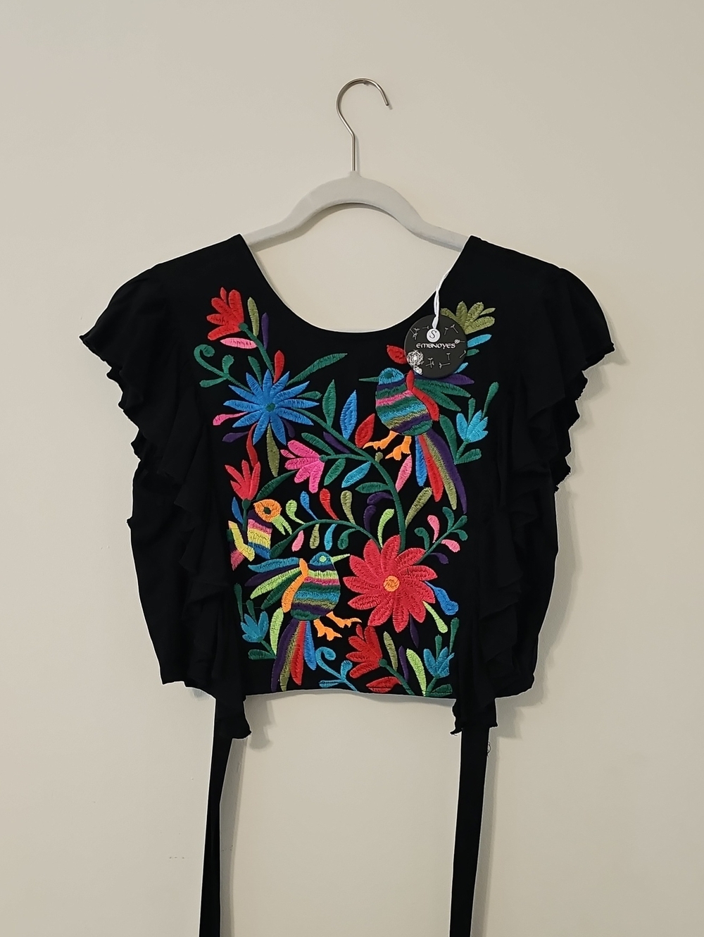 Embroidered Floral Black Crop Top with Ruffles